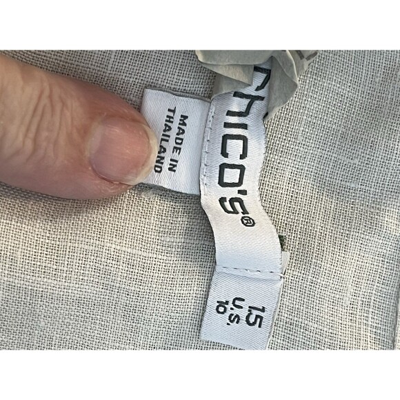 Chicos 100% Linen No Iron Floral Stamp Print Ink Blue 1.5 Button Up Blouse M 10 - Picture 8 of 9